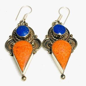 Coral & Lapis Tibetan Silver Earrings